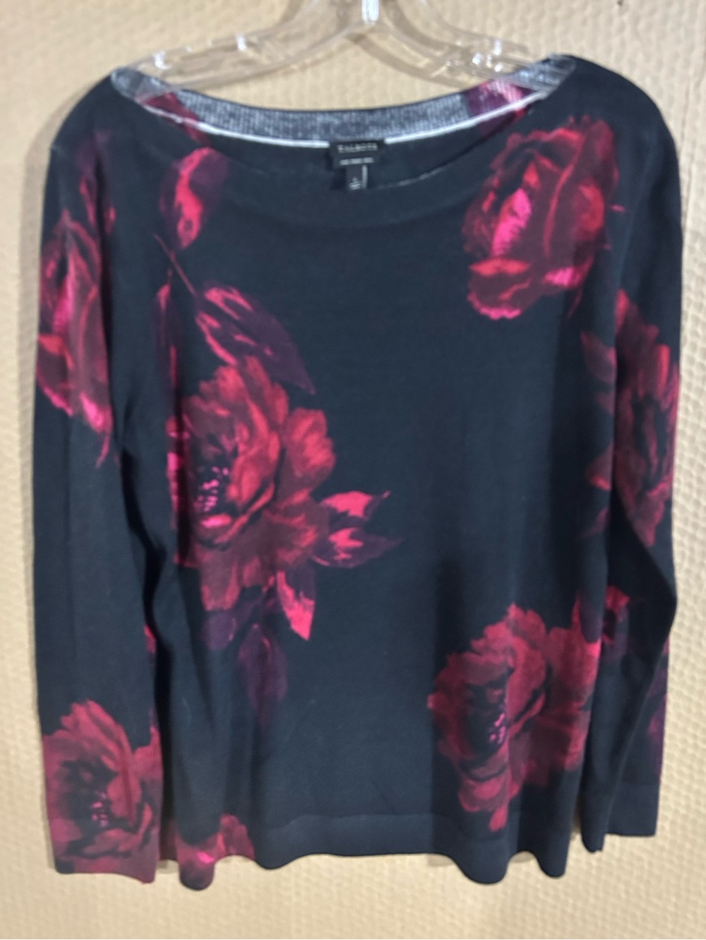 Talbots Black Crewneck Sweater with Deep Berry Floral Print